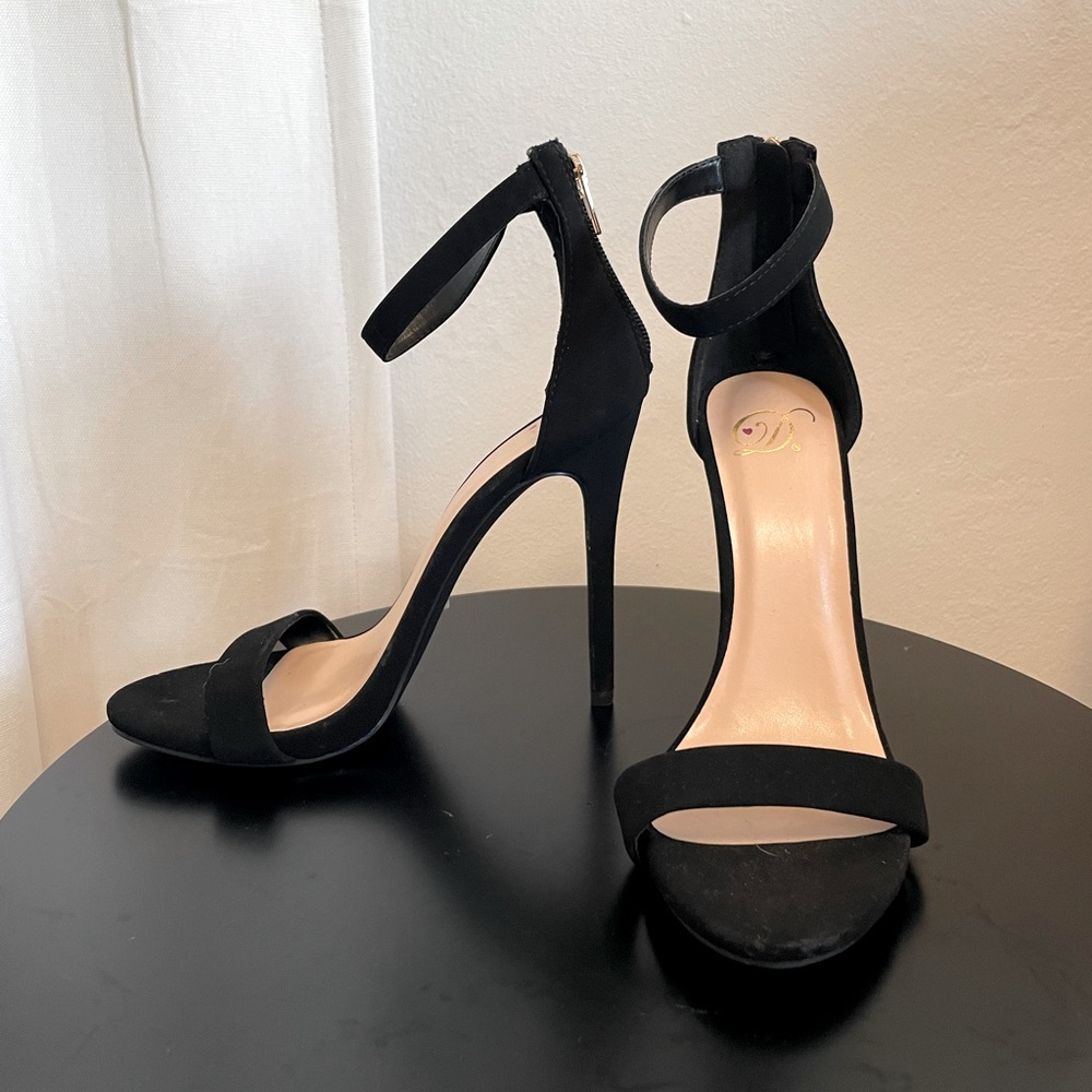 D Heart Black Suede Stilettos